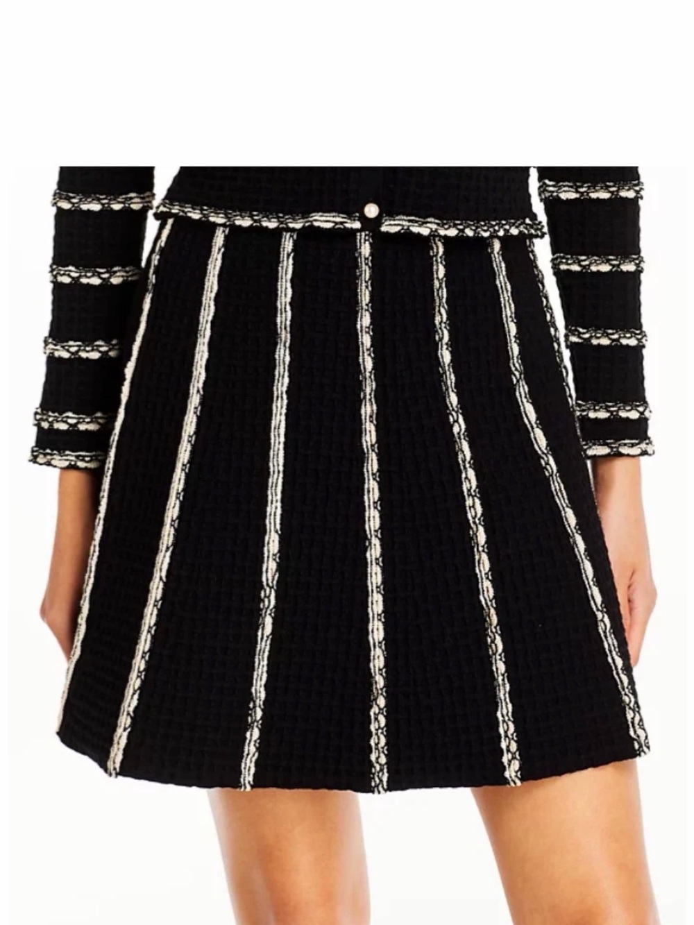 Sandro Black A-Line Tweed Skirt with White Vertical Trim